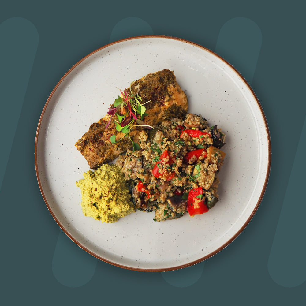 ISS Mediterranean Roasted Salmon, Quinoa And Roasted Mixed Veg Salad, Coriander, Chilli And Lime Pesto