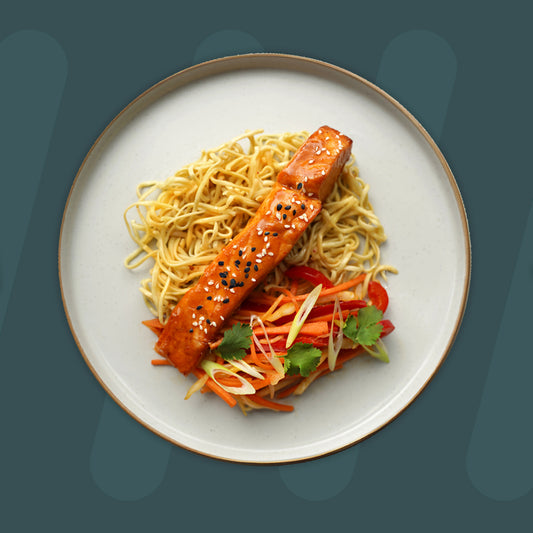 ISS Miso Glazed Salmon, Soy, Garlic and Sesame Stir Fry Veg, Egg Noodles