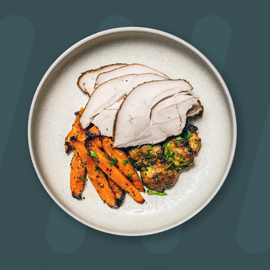 ISS Smoked Turkey, Garlic & Herb Crushed New Potato, Orange Cumin Glazed Carrots