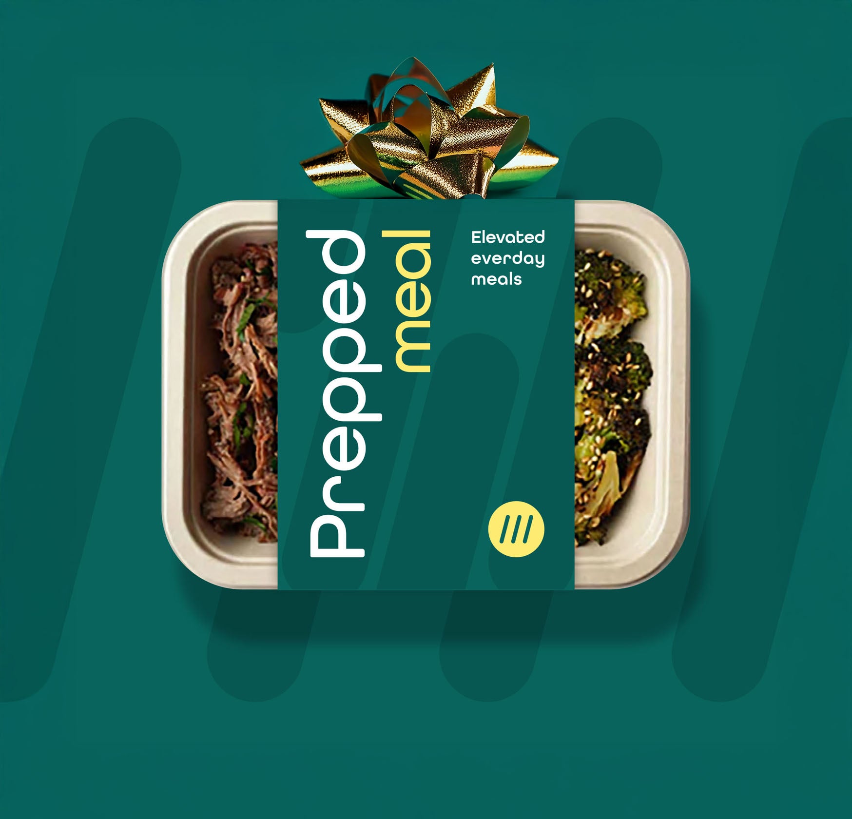 A promotional image featuring a 'Prepped Meal' container with sleek branding on a green background. The container is partially visible, showcasing shredded pulled beef on one side and roasted broccoli on the other. A festive golden ribbon bow is placed at the top, emphasizing the gift-like presentation. The tagline 'Elevated everyday meals' is displayed, aligning with the premium and thoughtful appeal of the product