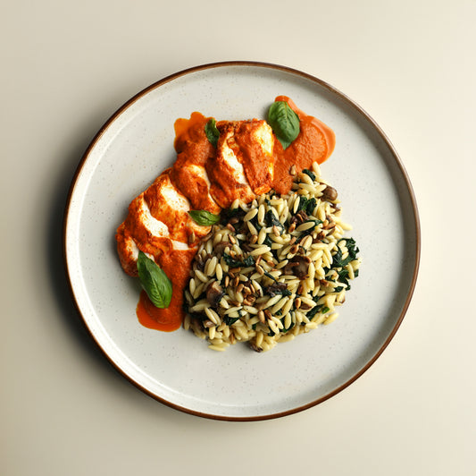 Roasted Red Pepper and Basil Chicken, Sauteed Garlic Mushroom and Wilted Spinach Orzo, Toasted Sunflower Seeds