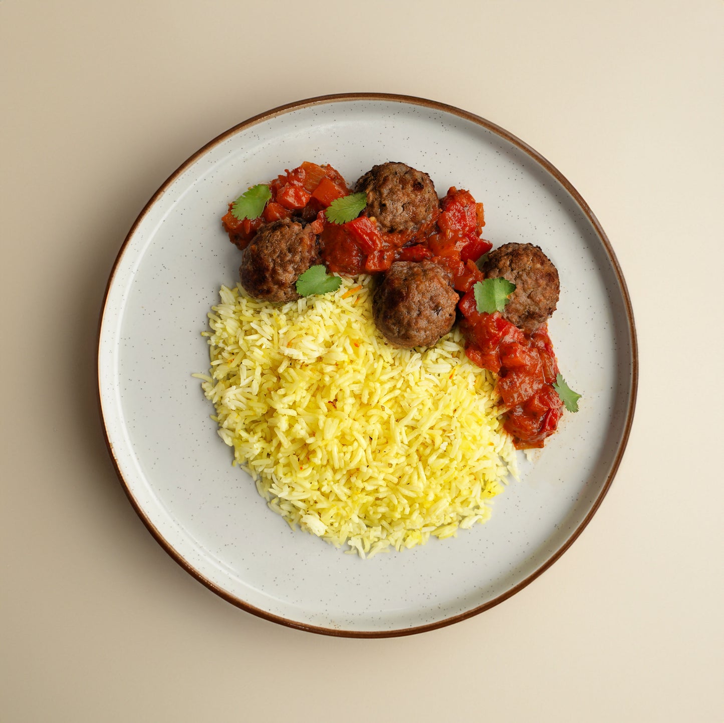 Moroccan Beef Meatball Curry, Mixed Vegetables, Saffron Rice