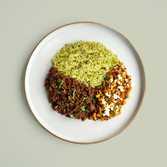 Mexican Minced Beef, Coriander Rice, Chilli and Lime Charred Sweetcorn, Feta And Cottage Cheese