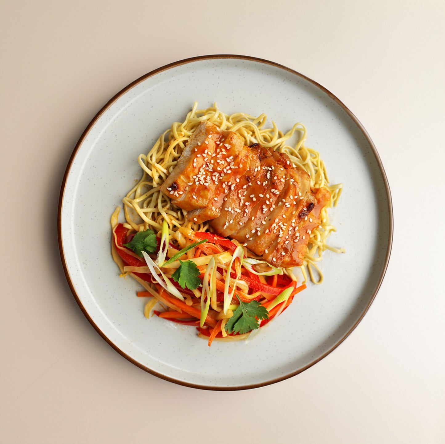 Miso Grilled Chicken, Soy, Garlic and Sesame Stir Fry Veg, Egg Noodles