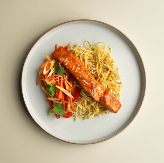 Miso Glazed Salmon, Soy, Garlic and Sesame Stir Fry Veg, Egg Noodles