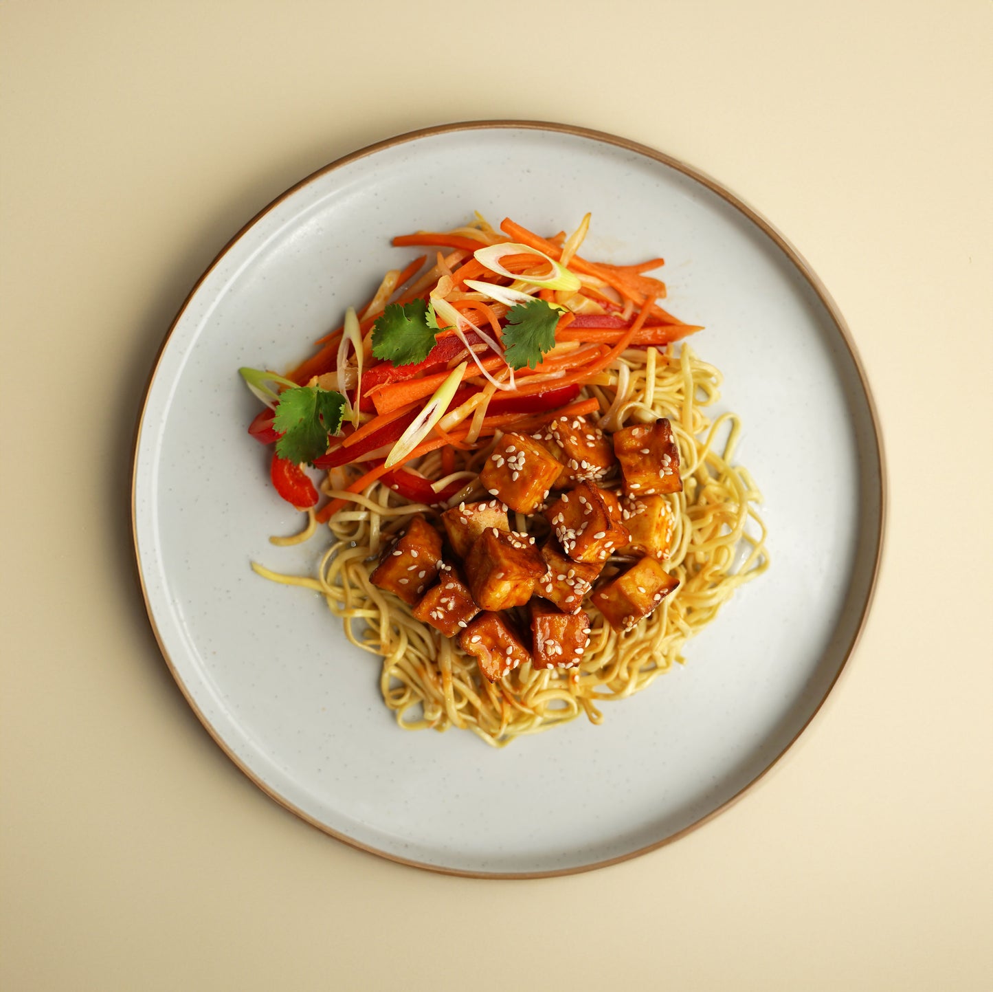 Soy and Miso Tofu, Garlic and Sesame Stir Fry Veg, Egg Noodles